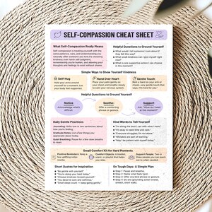 May include: A self-compassion cheat sheet with text on a beige woven placemat. The sheet includes sections on self-compassion, helpful questions, and simple ways to show kindness. The text is in a variety of fonts and colors.