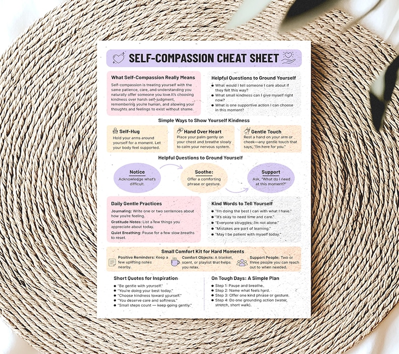 May include: A self-compassion cheat sheet with text on a beige woven placemat. The sheet includes sections on self-compassion, helpful questions, and simple ways to show kindness. The text is in a variety of fonts and colors.