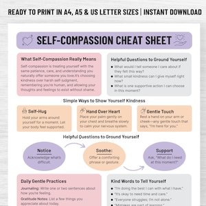 May include: A printable self-compassion cheat sheet with text in a variety of colors. The sheet includes sections on self-compassion, helpful questions, and simple ways to show kindness. The text includes phrases like "Self-Hug" and "Hand Over Heart".