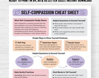 Self-Compassion Worksheet Printable, Therapy Worksheets PDF, Mental Health Tools, Mindfulness Cheat Sheet
