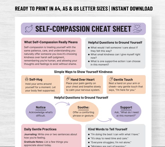 Self-Compassion Worksheet Printable, Therapy Worksheets PDF, Mental Health Tools, Mindfulness Cheat Sheet