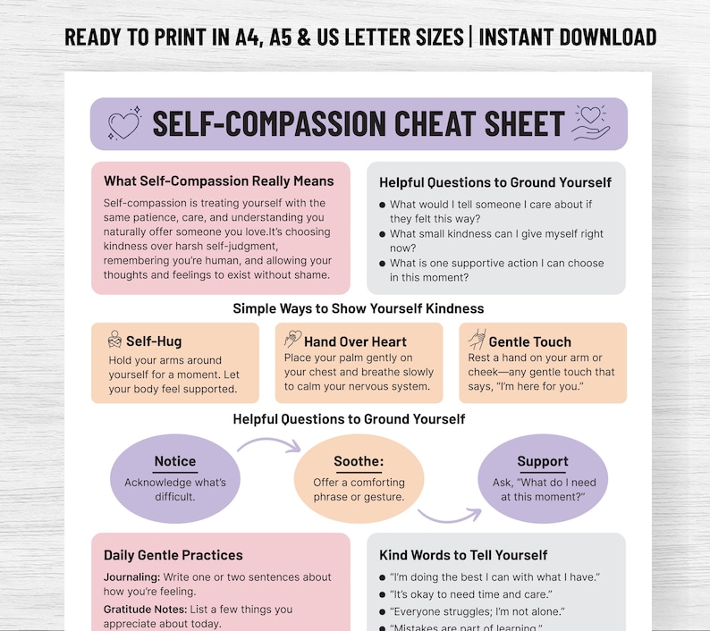 May include: A printable self-compassion cheat sheet with text in a variety of colors. The sheet includes sections on self-compassion, helpful questions, and simple ways to show kindness. The text includes phrases like "Self-Hug" and "Hand Over Heart".