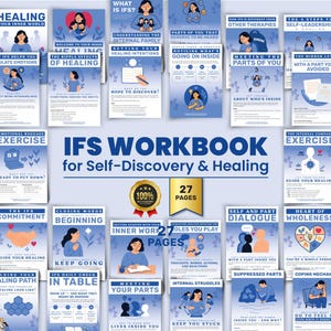 May include: A workbook titled "IFS Workbook for Self-Discovery & Healing" with 27 pages. The cover features a gold seal and various blue and white informational pages. The workbook's theme is mental health and self-improvement.