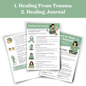 May include: A collection of three white paper journals with green and black text and illustrations. The journals are titled "Healing From Trauma" and "Healing Journal." The pages contain information about trauma and healing.