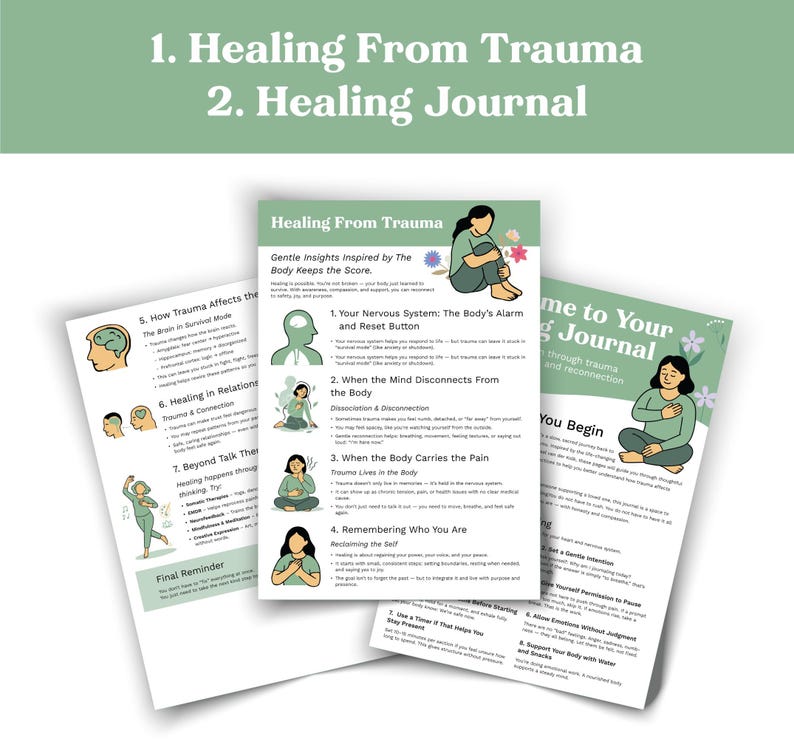 May include: A collection of three white paper journals with green and black text and illustrations. The journals are titled "Healing From Trauma" and "Healing Journal." The pages contain information about trauma and healing.