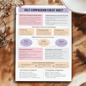 May include: A self-compassion cheat sheet with text on self-care, including helpful questions, gentle practices, and quotes. The sheet is on a white background with a wooden table and a white ceramic plate in the background.