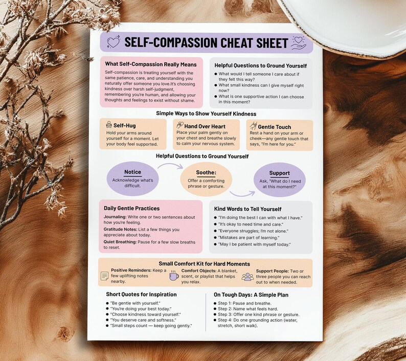 May include: A self-compassion cheat sheet with text on self-care, including helpful questions, gentle practices, and quotes. The sheet is on a white background with a wooden table and a white ceramic plate in the background.