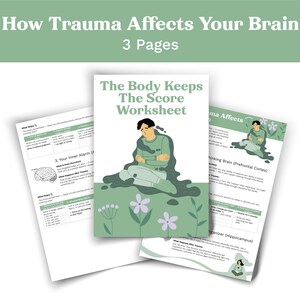 May include: A set of three worksheets with the title "How Trauma Affects Your Brain" and "The Body Keeps The Score Worksheet". The central worksheet features an illustration of a person sitting with their arms crossed. The worksheets are white with green accents.