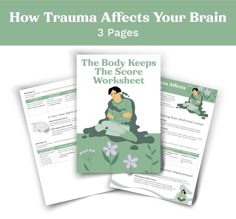 May include: A set of three worksheets with the title "How Trauma Affects Your Brain" and "The Body Keeps The Score Worksheet". The central worksheet features an illustration of a person sitting with their arms crossed. The worksheets are white with green accents.