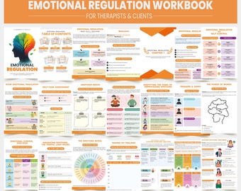 May include: A workbook titled "Emotional Regulation Workbook" for therapists and clients. The cover features a colorful brain graphic. Inside, the workbook includes sections on emotional regulation, self-care, and identifying emotions. The workbook is 53 pages and available for instant download.