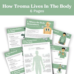 May include: A stack of six informational pages with the title "How Troma Lives In The Body" in green text. The pages have illustrations and text about trauma and its effects on the body. The pages are on a white background.
