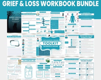 Könnte beinhalten: Ein Arbeitsbuch-Bundle mit dem Titel "Grief & Loss Workbook Bundle" in Türkis und Weiß. Das Bundle enthält ein Cover mit dem Text "Finding Strength in Grief" und mehrere Seiten mit Diagrammen und Text. Das Bundle hat 55 Seiten.