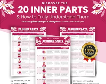 Puede incluir: Un gráfico magenta con el texto «DESCUBRE LAS 20 PARTES INTERIORES y cómo entenderlas realmente». Se muestran tres páginas listas para imprimir, cada una con una cuadrícula de texto e ilustraciones. Un sello dorado dice «100% Satisfacción garantizada».