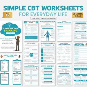 May include: A collection of CBT worksheets for everyday life, featuring a blue and white design. The worksheets include topics like understanding worry, challenging negative thoughts, and an anxiety symptoms checklist. The text includes "Transform Your Thinking" and "Print Ready - Instant Download".
