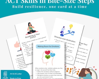 May include: A set of printable cards with the text "ACT Skills in Bite-Size Steps" and "Build resilience, one card at a time." The cards feature illustrations and text on topics like breathing, emotions, and direction. Includes a ready-to-print option.