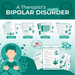 Könnte beinhalten: Ein türkis-weißes Grafikdesign für ein Therapeuten-Toolkit zum Thema bipolare Störung. Das Design enthält den Text "A Therapist's Toolkit BIPOLAR DISORDER" und mehrere Seiten mit Informationen.