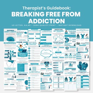 Peut inclure: Un ensemble de guides de thérapie imprimables intitulés "Therapist's Guidebook: Breaking Free From Addiction". Les guides présentent des motifs turquoise et blancs avec du texte et des illustrations. Les sujets incluent l'identification des déclencheurs et la guérison des traumatismes.