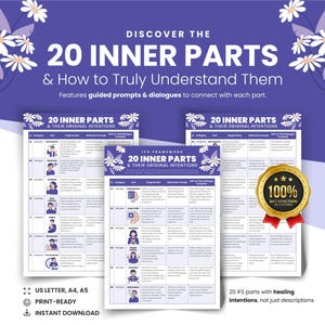 May include: A promotional image for a self-help product. The image features three print-ready documents with the title "20 INNER PARTS & THEIR ORIGINAL INTENTIONS". The documents are on a purple background with floral accents and include the text "Features guided prompts & dialogues to connect with each part."