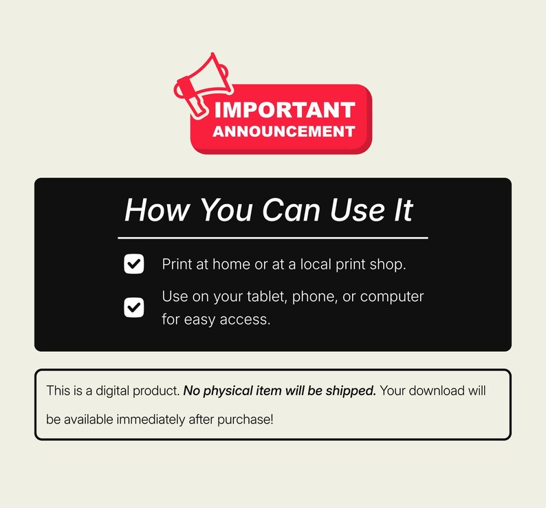 May include: A digital product announcement with the text "IMPORTANT ANNOUNCEMENT" in a red banner. The image details how to use the product: print at home or use on a tablet, phone, or computer.