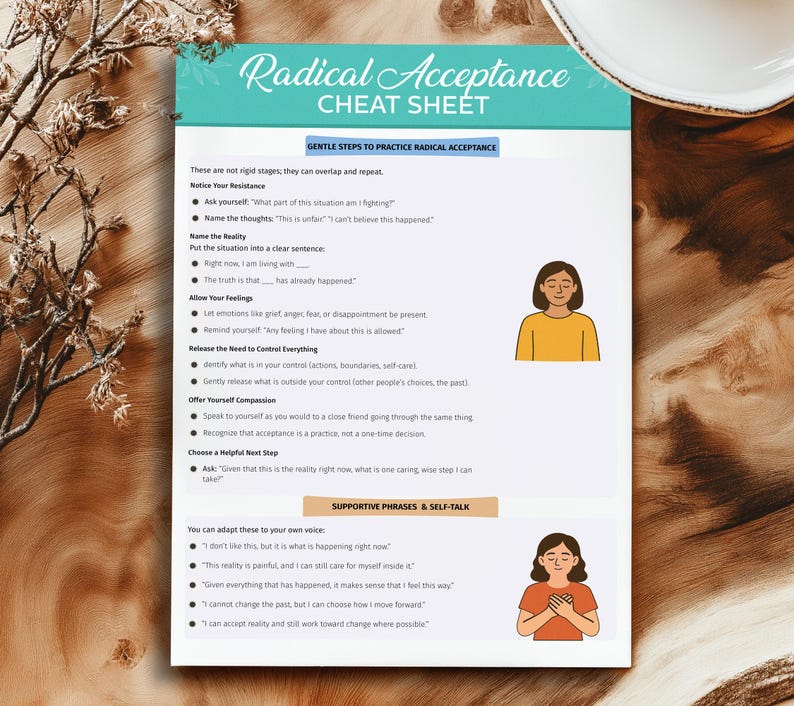 Radical Acceptance DBT Cheat Sheet, Coping & Mindfulness Guide ...