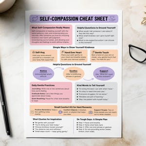 May include: A self-compassion cheat sheet with text and graphics, including sections on self-hug, hand over heart, and gentle touch. The sheet offers helpful questions and daily practices for self-care, with a black pen and glasses in the background.