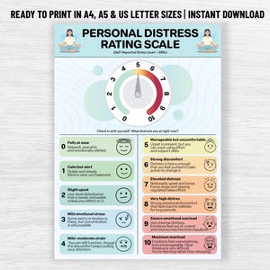 Könnte beinhalten: Ein druckbares Poster zur Bewertung des persönlichen Leidens. Die Skala reicht von 0 bis 10, mit Beschreibungen für jede Stressstufe. Enthält ein Messgerät und Illustrationen von emotionalen Zuständen. Der Text oben lautet "READY TO PRINT IN A4, A5 & US LETTER SIZES | INSTANT DOWNLOAD".