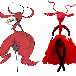 May include: A comparison of a red illustration and a crocheted doll. The illustration shows a stylized figure with a large skirt and flowing lines. The doll is red with black legs and arms, and a flared skirt.