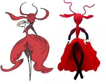 May include: A side-by-side image featuring a red illustration and a crocheted doll. The illustration depicts a stylized figure with a large skirt and flowing lines. The doll is red with black legs and arms, and a flared skirt.