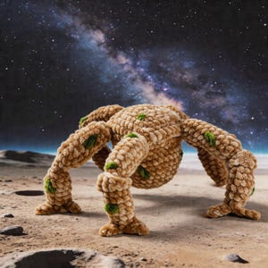 May include: A plush, tan-colored, crocheted creature with six legs and a rounded body. The legs and body have green accents. The background shows a starry night sky and a sandy surface, creating a whimsical, otherworldly scene.