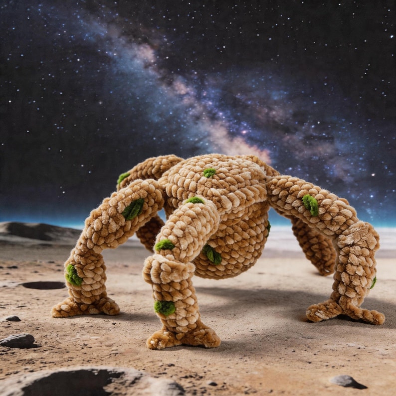 May include: A plush, tan-colored, crocheted creature with six legs and a rounded body. The legs and body have green accents. The background shows a starry night sky and a sandy surface, creating a whimsical, otherworldly scene.