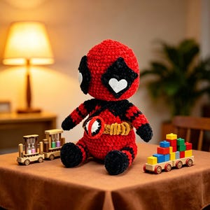 May include: A red and black crocheted plush doll featuring a mask with white heart-shaped eye patches and a gold belt with a circular buckle. The doll is positioned between a wooden toy train with hourglasses and a wooden train carrying colorful blocks.