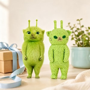 May include: Two green cat-like figures with antennae. One is a plush toy, the other appears to be a real animal. Both have large eyes and stand upright. The plush toy is made of yarn. The background includes a gift box and a potted plant.