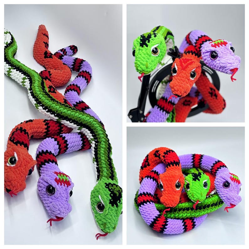 Peut inclure: Des jouets serpents crochet&eacute;s aux couleurs vives. Les serpents pr&eacute;sentent des motifs rouges, verts, violets et blancs. Chaque serpent a une t&ecirc;te d&eacute;taill&eacute;e avec des yeux noirs et une langue rouge. Les jouets sont doux et semblent faits &agrave; la main, parfaits pour les enfants ou comme objets d&eacute;coratifs.
