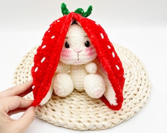 Crochet Rabbit Pattern , Strawberry Ear Bunny Plush Amigurumi Soft Plush Toy Doll PDF Easter Gift
