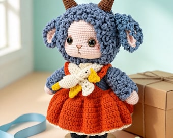 Little Goat Girl Crochet Pattern, Lamb Doll Amigurumi, Dress Up Plush Toy with Duck Scarf Pumpkin Skirt, Nursery Decor, Digital PDF