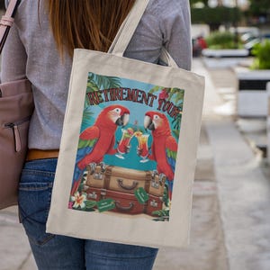 Retirement Celebration Cotton Canvas Tote Bag, Colorful Parrots Design, Eco-Friendly, Beach Bag, Party Favor, jimmy buffet themed,