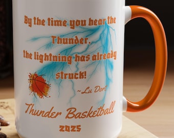 Kubek do koszykówki OKC Thunder z motywującym napojem Thunder dla fanów OKC Spersonalizowany prezent dla fanów Thunder Kubek do kawy Thunder o pojemności 15 uncji