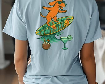 Dachshund Surfing  dog T-Shirt for dog lovers of funny Wiener Beach Shirt with Humorous Dog Tee Summer beach dog Shirt gift for dog lover