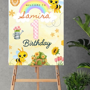 Little bee plim plim birthday welcome sign digital file canva template birthday banner