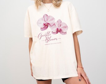 Minimalist Orchid Flower T-Shirt – Delicate Line Art Floral Tee for Women – Botanical Nature Lover Gift