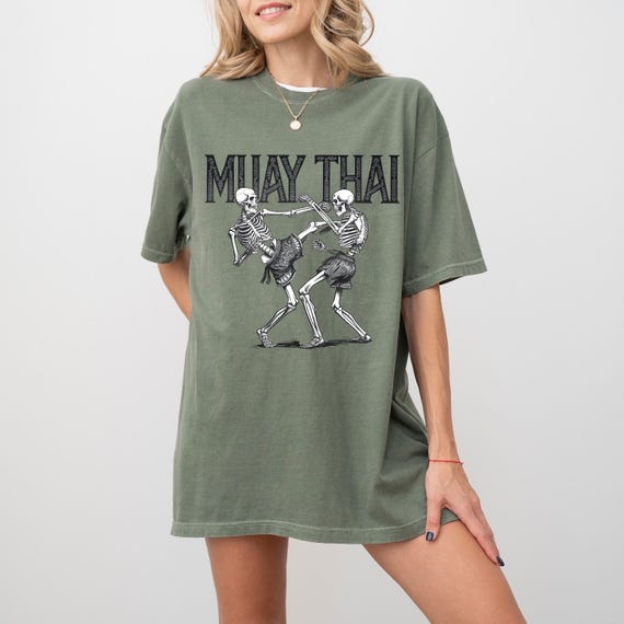 Vintage Muay Thai Skeleton T Shirt Thai Boxing Fight Tee Gothic Martial Arts Shirt Hand Drawn Ink Style Unisex Streetwear