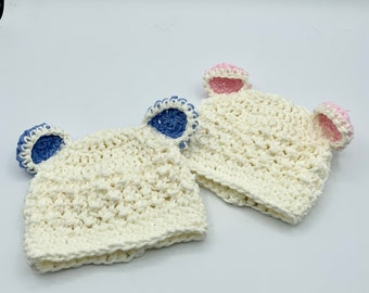 Twin baby bear hats for Newborn, baby girl, baby boy, photo props, baby toppers, gift for newborn twins, baby beanies