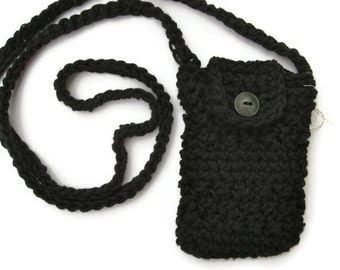 Crocheted small purse for iphone/smartphone with cross-body strap in black- iphone cardigan