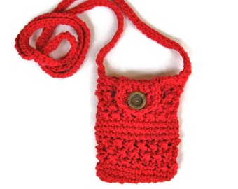 Crocheted small purse for iphone/smartphone with cross-body strap in red- iphone cardigan