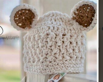 Cotton crocheted newborn hat, little bear, hat with ears, baby bear hat, oatmeal colour with taupe accents