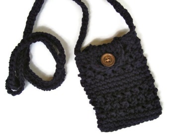 Crocheted small purse for iphone/smartphone with cross-body strap in navy- iphone cardigan
