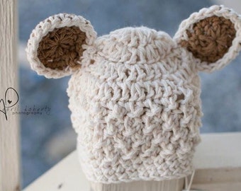 Crochet baby bear cotton beanie for newborn--taupe accented ears, neutral gender gift