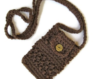 Crocheted small purse for iphone/smartphone with cross-body strap in brown iphone cardigan