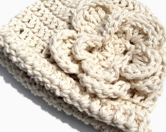 Crocheted Cotton rolled brim beanie with flower for Baby-Hat No. 22