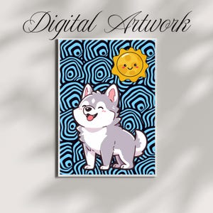 Stampa istantanea scaricabile di Husky Kawaii, poster kawaii, decorazione da parete con animazione giapponese, regalo per gli amanti dei cani, decorazione da parete con Husky Siberiano kawaii